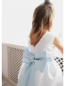 White Satin Flower Girl Dress With Blue Bow